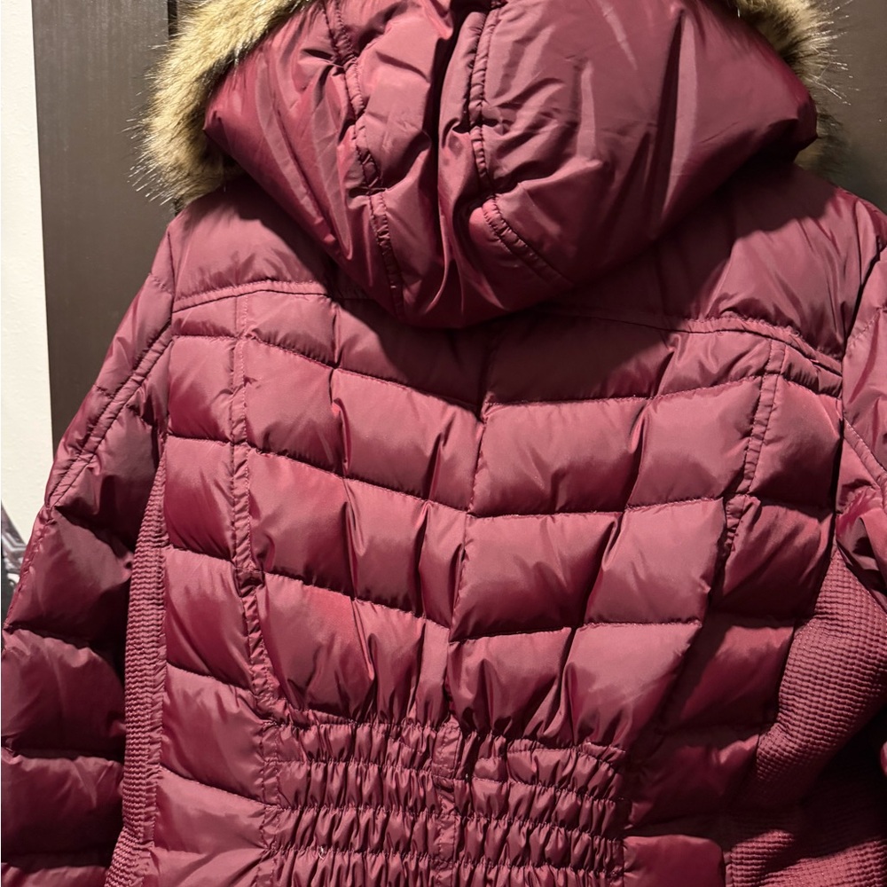 MICHAEL Michael Kors Burgundy Puffer Coat with Faux Fur Hood - Picture 6 of 9